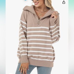 Striped Sweaters Half-Zip Long Sleeve Oversized Pullover